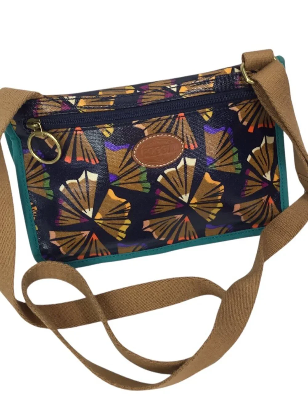 Fossil Crossbody Waxed Coated Canvas Purse Bag Colored Pencil Shavings Teal Trim